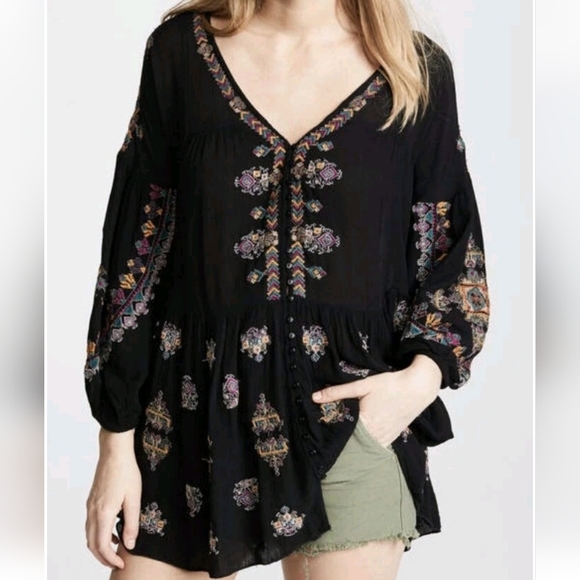 Free People Arianna Black Embroidered Boho Tunic Top Medium - Picture 1 of 14
